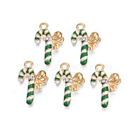 Rack Plating Alloy Enamel Pendants, with Crystal Rhinestone, Cadmium Free & Nickel Free & Lead Free, Light Gold, Christmas Candy Cane, Green, 22x14.5x5mm, Hole: 2mm(ENAM-N055-151A)