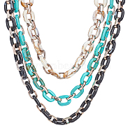 Imitation Gemstone Style Acrylic Handmade Cable Chains, with Rose Gold Plated CCB Plastic Linking Ring, Oval, Floral White & Dark Turquoise & Black, Link: 23.5x17.5x4.5mm and 18.5x11.5x4.5mm, 39.37 inch(1m/strand), 3strands/set(AJEW-CA0001-01)