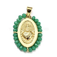 Brass with Glass Pendants, Cadmium Free & Lead Free, Real 18K Gold Plated, Oval with Heart Pattern, Sea Green, 25~26x19~19.5x3~3.5mm, Hole: 3x3.5mm(KK-G472-03G-01)