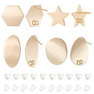 8pcs 4 style Brass Stud Earring Findings, with Vertical Loops, Star & Square & Oval & Hexagon, Long-Lasting Plated, Nickel Free, with 20Pcs Plastic Ear Nuts, Real 18K Gold Plated, 16~26x13.5~25.5x0.5~2.5mm, Hole: 1~2mm, Pin: 0.8~1mm, 2Pcs/style(KK-BC0009-66)