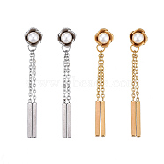 304 Stainless Steel Chain Tassel Earrings, with Ear Nuts and Acrylic Imitation Pearl Beads, Bar & Flower, White, Mixed Color, 44mm, Pin: 0.7mm(EJEW-I248-39)