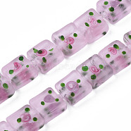 Handmade Frosted Lampwork Beads Strands, Square with Flower, Pink, 13~14.5x12~13x7~9mm, Hole: 1.5mm, about 35pcs/strand, 17.72 inch(45cm)(LAMP-N021-38A)