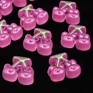 Transparent Acrylic Beads, with Enamel, Frosted, Cherry with Bear & Rabbit, Hot Pink, 22.5x26x9mm, Hole: 3mm(X-MACR-S374-04B-02)