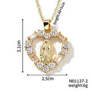 Brass Cubic Zirconia Hollow Heart Design Virgin Mary Pendant Exquisite Necklaces, Golden, Clear, 15.75 inch(40cm)(FG0740-2)