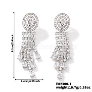 French Romantic Tassel Brass Stud Earrings, with Full Rhinestone Decoration, Silver, Flat Round, 61x14mm(XJ0314-3)