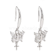 925 Sterling Silver Earring Hooks, with Clear Cubic Zirconia, Butterfly, for Half Drilled Beads, Platinum, 27mm, Pin: 0.7mm and 0.6mm, Tray: 6x3mm(STER-D035-33P)