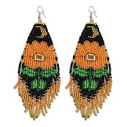 Boho Seed Bead Flower Tassel Earrings, Iron Dangle Earring for Women, Orange, 130x42mm(EJEW-Q380-07B)
