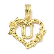 Heart Brass Pendants, Long-Lasting Plated, Cadmium Free & Lead Free, Real 18K Gold Plated, Letter U, 18x20x3mm, Hole: 3.5x7mm(KK-I714-04G-U)