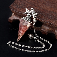 Natural Strawberry Quartz Chip & Resin Orgonite Dowsing Pendulum Big Pendants, with Platinum Plated Metal Triple Moon Pentagram, Hexagonal Cone Charm Charm, 300mm(PW-WG36861-12)