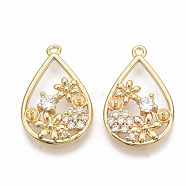 Brass Micro Pave Clear Cubic Zirconia Peg Bails Pendants, for Half Drilled Beads, Nickel Free, Real 18K Gold Plated, teardrop, with Flower, 21x13.5x3mm, Hole: 1mm, Pin: 0.8mm(KK-T051-09G-NF)