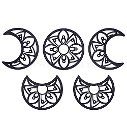 Hollow Wood Wall Hanging Ornaments, Wall Decor Door Decoration, Moon Phase with Flower Pattern, Black, Moon: 200x165~200x5mm, 5pcs/set(AJEW-WH0323-36B-03)