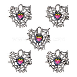 Rack Plating Alloy Glass Pendants, Cadmium Free & Lead Free & Nickle Free, Gunmetal Tone Spider Web & Heart Charms, Colorful, 26x25x5mm, Hole: 6x3mm(FIND-YW0001-87)