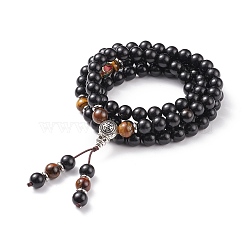 Mala Bead Bracelet, Natural Tiger Eye & Wood Four Loops Wrap Bracelets Necklaces with Alloy Calabash for Women, Black, 29-7/8 inch(76cm)(BJEW-JB08211)