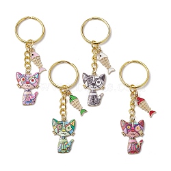 Alloy Enamel Cat Keychain, with Iron Ring, Fish Bone, Golden, Mixed Color, 82mm(KEYC-JKC01182)