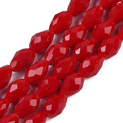 Opaque Solid Color Beads Strands, Faceted, Teardrop, Crimson, 15x10mm, Hole: 1.6mm, about 46~48pcs/strand, 27.95 inch(71cm)(EGLA-N013-P10mm-D07)