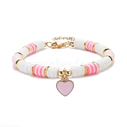 Heart Charm Bracelet, Polymer Clay Heishi Surfer Bracelet, Preppy Jewelry for Women, Golden, Pink, 7-5/8 inch(19.4cm)(BJEW-JB07655-01)