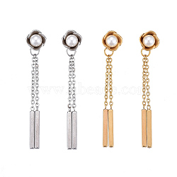 304 Stainless Steel Chain Tassel Earrings, with Ear Nuts and Acrylic Imitation Pearl Beads, Bar & Flower, White, Mixed Color, 44mm, Pin: 0.7mm(EJEW-I248-39)