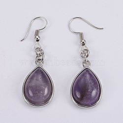 Natural Amethyst Dangle Earrings, with Brass Findings, teardrop, 50mm, Pin: 0.7mm(EJEW-F133-02B)