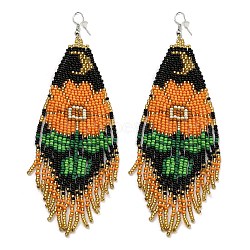 Boho Seed Bead Flower Tassel Earrings, Iron Dangle Earring for Women, Orange, 130x42mm(EJEW-Q380-07B)