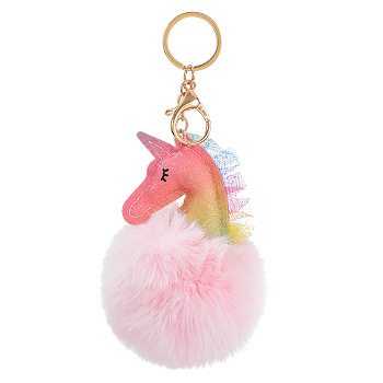 Plush Keychain, with Iron Key Ring, Pom Pom Ball, Unicorn, Pink, 16cm