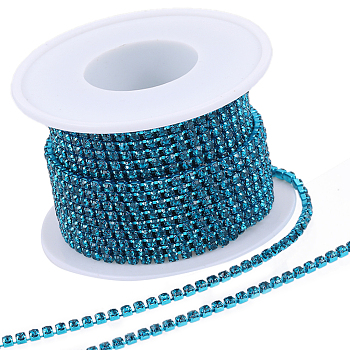 1 Roll Electrophoresis Iron Rhinestone Strass Chains, Rhinestone Cup Chains, with Spool, Blue Zircon, SS8.5, 2.4~2.5mm, about 10 Yards/roll