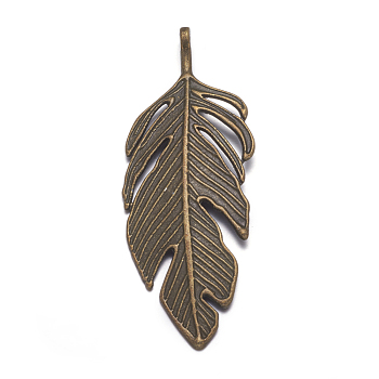 Tibetan Style Alloy Leaf Big Pendants, Lead Free and Cadmium Free, Leaf, Antique Bronze, 62x23x2mm, hole: 2mm