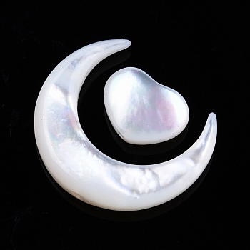 Natural White Shell Beads Sets, Moon with Heart, Moon: 15x13x3mm, Star: 7.5x8x3mm, Hole: 0.8mm