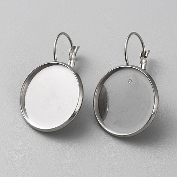 304 Stainless Steel Hoop Earring Findings, Flat Round Earring Settings, Stainless Steel Color, 20 Gauge, Tray: 20mm, 32x22mm, Pin: 0.8mm