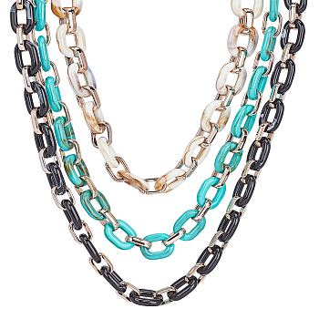 Imitation Gemstone Style Acrylic Handmade Cable Chains, with Rose Gold Plated CCB Plastic Linking Ring, Oval, Floral White & Dark Turquoise & Black, Link: 23.5x17.5x4.5mm and 18.5x11.5x4.5mm, 39.37 inch(1m/strand), 3strands/set