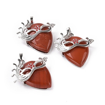 Natural Red Jasper Pendants, Teardrop with Mask Charms, with Rack Plating Platinum Plated Brass Ruby Rhinestone Findings, 37~37.5x34.5~36x10~11mm, Hole: 6x4mm