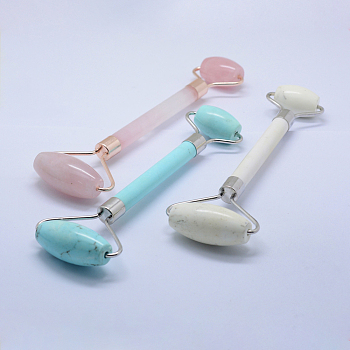 Natural Gemstone Massage Tools, Facial Rollers, with Alloy Findings, 14.5~15.5x5.1~5.5x1.8~2cm