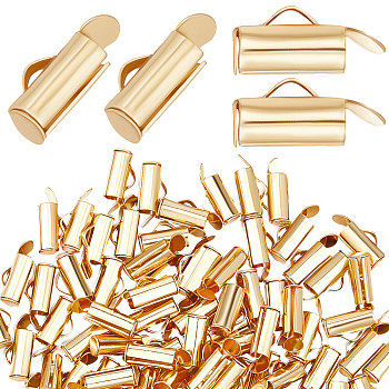 100Pcs 304 Stainless Steel Slide On End Clasp Tubes, Slider End Caps, Real 18K Gold Plated, 10.5x5.5x4mm, Hole: 3.5x1.5mm, Inner Diameter: 3mm