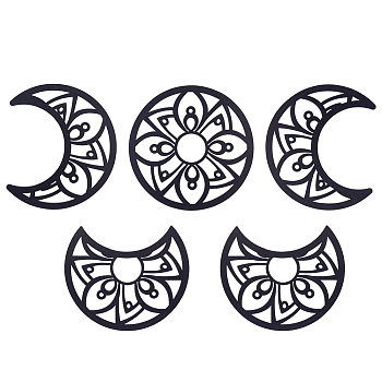 Hollow Wood Wall Hanging Ornaments, Wall Decor Door Decoration, Moon Phase with Flower Pattern, Black, Moon: 200x165~200x5mm, 5pcs/set