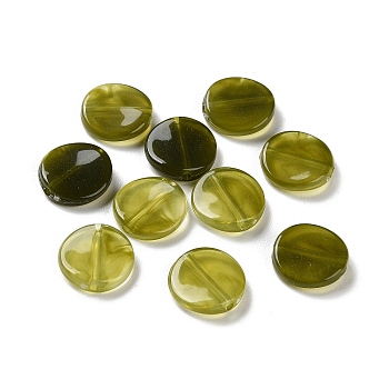 Transparent Resin Beads, Flat Round, Olive Drab, 11.5x2.5mm, Hole: 1.2mm