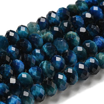 Natural Tiger Eye Beads Strands, Faceted, Dyed, Rondelle, Blue, 6x4~4.5mm, Hole: 1mm, about 91pcs/strand, 15.31''~15.35''(38.9~39cm)