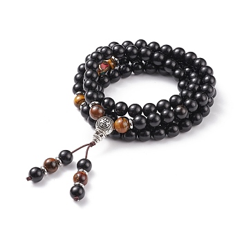Mala Bead Bracelet, Natural Tiger Eye & Wood Four Loops Wrap Bracelets Necklaces with Alloy Calabash for Women, Black, 29-7/8 inch(76cm)