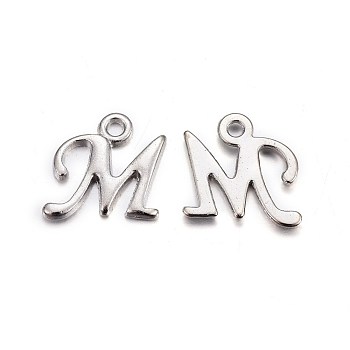 Platinum Plated Alloy Letter Pendants, Rack Plating, Cadmium Free & Lead Free, Letter.M, 13x13x2mm, Hole: 1.5mm