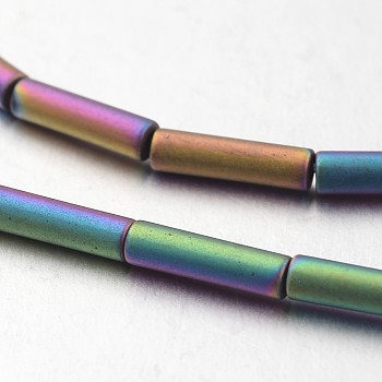 Electroplate Non-magnetic Synthetic Hematite Bead Strands, Frosted, Tube, Multi-color Plated, 8x2mm, Hole: 1mm, about 50pcs/strand, 15.7 inch