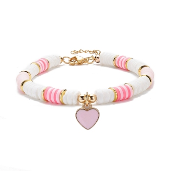 Heart Charm Bracelet, Polymer Clay Heishi Surfer Bracelet, Preppy Jewelry for Women, Golden, Pink, 7-5/8 inch(19.4cm)