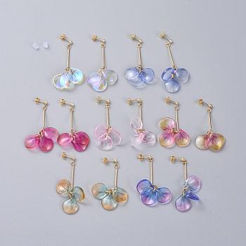 Glass Cluster Beads Dangle Ear Studs, with Iron Bar, Plastic Ear Nuts, Brass Stud Findings, Cardboard Box, Mixed Color, 52mm, Pin: 0.8mm