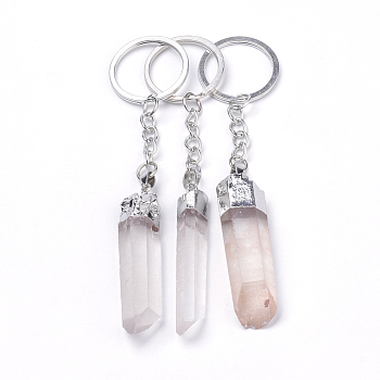 Natural Crystal Quartz Keychain, with Iron Findings, Nuggets, Platinum, 119~122mm
