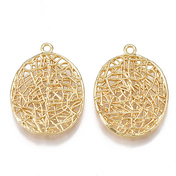 Brass Filigree Pendants, Oval, Nickel Free, Real 18K Gold Plated, 24.5x18x2mm, Hole: 1.5mm