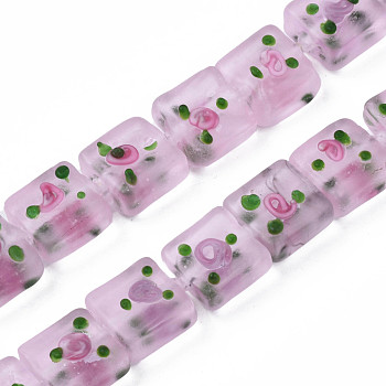 Handmade Frosted Lampwork Beads Strands, Square with Flower, Pink, 13~14.5x12~13x7~9mm, Hole: 1.5mm, about 35pcs/strand, 17.72 inch(45cm)