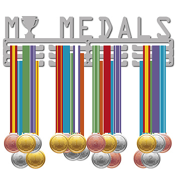 Fashion Iron Medal Hanger Holder Display Wall Rack, with Screws, Word MY MEDALS, Silver, 117x400mm