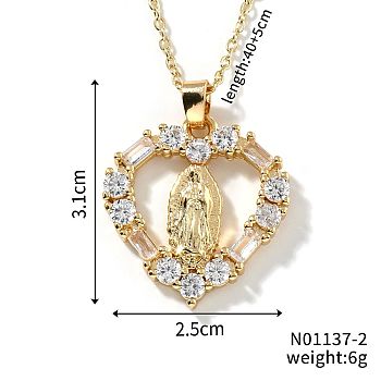 Brass Cubic Zirconia Hollow Heart Design Virgin Mary Pendant Exquisite Necklaces, Golden, Clear, 15.75 inch(40cm)