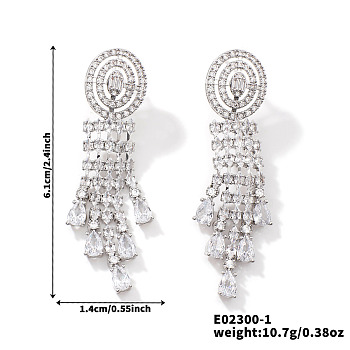 French Romantic Tassel Brass Stud Earrings, with Full Rhinestone Decoration, Silver, Flat Round, 61x14mm