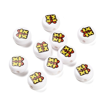 Christmas Theme Printed Opauqe Acrylic Beads, Gift Box, 10x10x5mm, Hole: 1.8mm