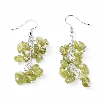 Dangle Earrings, Cluster Earrings, with Natural Olive Quartz Chips and Platinum Plated Brass Earring Hooks, 60~63mm, Pin: 0.5mm