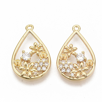 Brass Micro Pave Clear Cubic Zirconia Peg Bails Pendants, for Half Drilled Beads, Nickel Free, Real 18K Gold Plated, teardrop, with Flower, 21x13.5x3mm, Hole: 1mm, Pin: 0.8mm