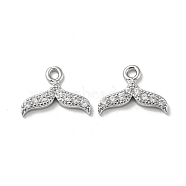 Brass Micro Pave Clear Cubic Zirconia Charms, Fishtail Shape, Real Platinum Plated, 9x12.5x2mm, Hole: 1.4mm(KK-H460-36P)